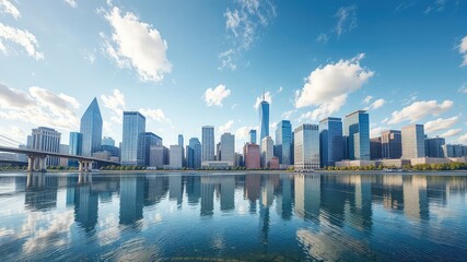 Obraz premium Metropolitan skyline reflected in calm waters under a bright sky, showcasing modern architecture and the harmony of urban life