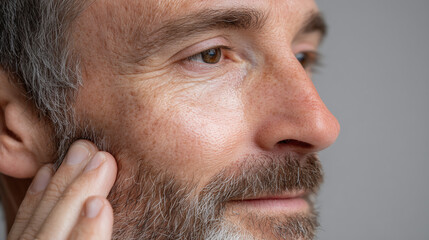 Obraz premium Middle aged man with beard gently touching his face, showing calm expression and healthy skin texture in close up portrait with natural light and neutral background