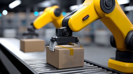 Fototapeta premium Robotic arms handling materials in a warehouse, automation in logistics