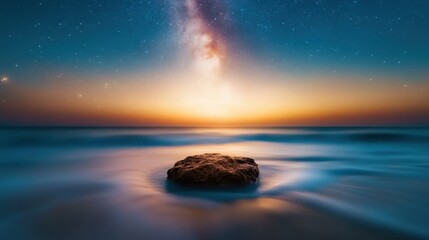A stunning image of a mystical night sky filled with stars over a calm ocean, capturing the beauty of nature and offering a serene escape into tranquility.