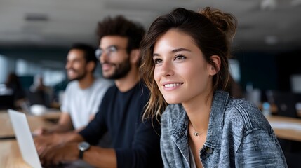 Fototapeta premium Young professionals collaborating in a modern office workspace