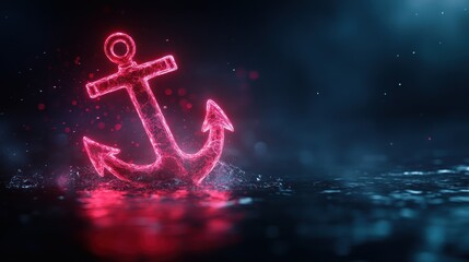 A striking neon anchor symbol illuminated against a dark and mysterious ocean backdrop, creating a captivating blend of color and symbolism in the scene.
