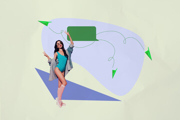 Creative sketch artwork pop collage of happy girl guy stand bubble communication icon paper plane...