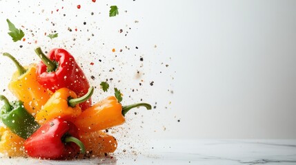 A dynamic image of colorful bell peppers bursting with spices, capturing the essence of culinary creativity and vibrant flavors that enhance the cooking experience for everyone.