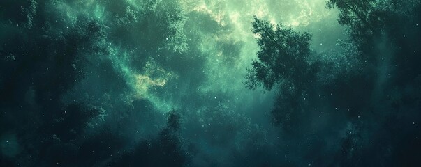 Fototapeta premium The Northern Lights over a vast forest, with the vibrant colors illuminating the treetops in the darkness. The lights create a surreal and beautiful contrast with the dark forest 