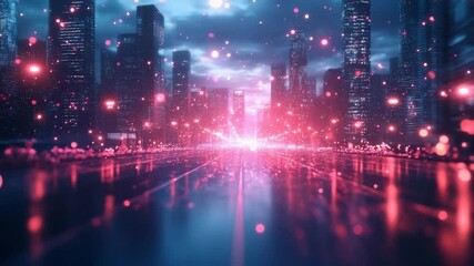 Futuristic Night Cityscape with Neon Lights and Digital Particles - Powered by Adobe