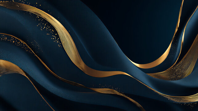 Fototapeta 3D blue luxury abstract background overlap layer on dark space with golden waves effect decoration. Modern graphic design element lines style concept for web banner, flyer, art, card or brochure cover
