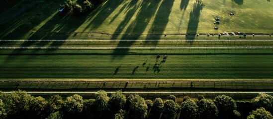 Aerial view of horse race on lush green track with long shadows