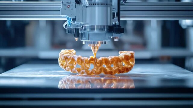 A close up of a three d printer creating an orange object with intricate design on a blue surface