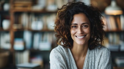 A cheerful woman with curly hair smiles warmly, seated in a cozy coffee shop surrounded by shelves of books, embodying joyfulness and relaxation in a vibrant social atmosphere.