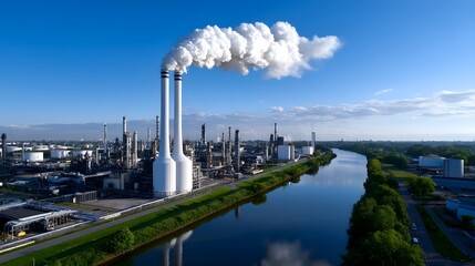 Aerial view of an oil refinery complex with smokestacks and storage tanks