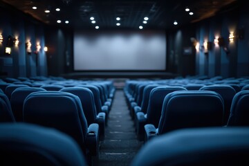 Modern movie theater with blue seats and white screen, empty cinema auditorium interior with ambient lighting.