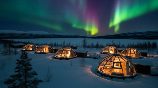 Glass Igloos Under the Aurora Borealis - Five illuminated glass igloos are nestled in a snowy landscape, offering stunning views of the vibrant aurora borealis dancing across the night sky.