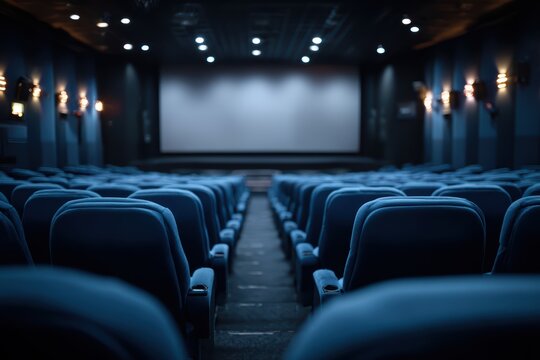 Modern movie theater with blue seats and white screen, empty cinema auditorium interior with ambient lighting. - Powered by Adobe