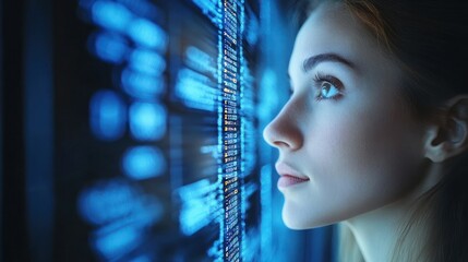 Woman analyzing digital information display