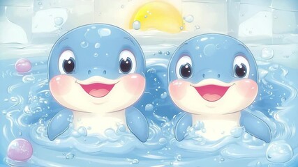 Two adorable cartoon dolphins playing joyfully in sparkling blue water with bubbles and a warm sun shining in the background