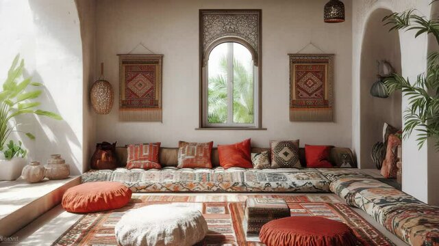 Interior design with cushions and pillows in a moroccan style room with plants and a large window