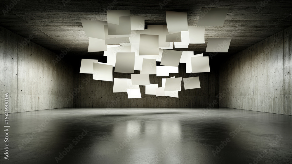 Poster floating white paper sheets suspended in modern concrete room, creating surreal and creative atmosph