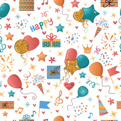 Vector seamless pattern with balloons, stars, gift boxes and hearts. Perfect for wrapping paper, holiday designs and textiles. Joyful festive background for birthday and New Year, Valentine's Day.