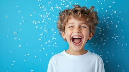 A delightful image of a joyful child laughing heartily, surrounded by a playful atmosphere of confetti, encapsulating pure happiness and innocence against a vibrant blue background.