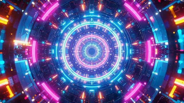 Futuristic neon tunnel rotating with glowing lights and digital symbols.
