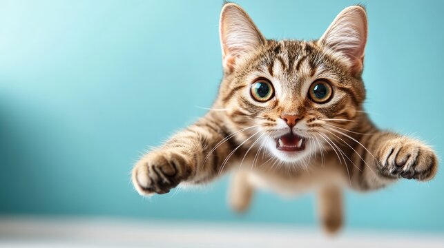 A vibrant close-up of a playful tabby cat leaping into the air, showing its excitement and agility against a soothing turquoise background that enhances its lively spirit.