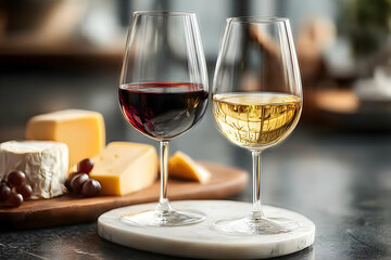 Naklejka premium Elegant wine glasses filled with red and white wine beside an assortment of cheese and grapes.
