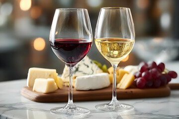 Naklejka premium Two elegant wine glasses filled with red and white wine paired with a selection of gourmet cheeses and grapes.
