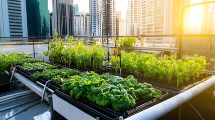 Urban Rooftop Greenhouse with Aquaponics System Vertical View Warm Soft Light