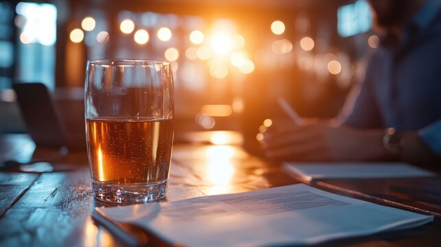 A glass filled with a refreshing drink sits on a table, illuminated by warm afternoon light, portraying relaxation and the joy of leisurely moments.
