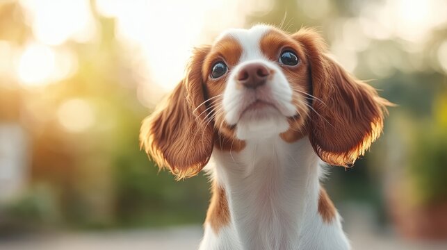 A charming dog gazes upward, its expressive eyes reflecting curiosity and joy, capturing the essence of loyalty and companionship in a serene outdoor setting.