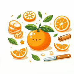 A colorful flat lay of oranges cut into various shapes with a knife and leaves
