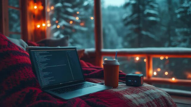 Laptop on cozy blanket with coffee cup and snowy trees view from window with christmas lights
