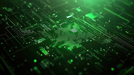 Futuristic green digital map of Europe glowing on circuit board, technology innovation, cyber network