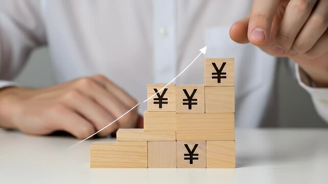 Hand Placing Wooden Block With Yen Symbol Illustrating Growth Above Stacked Blocks On White Table