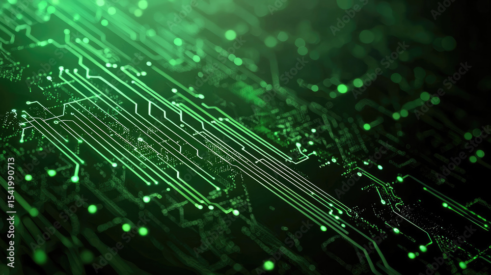 Poster futuristic green circuit board pattern glowing with digital energy, technology innovation, abstract 