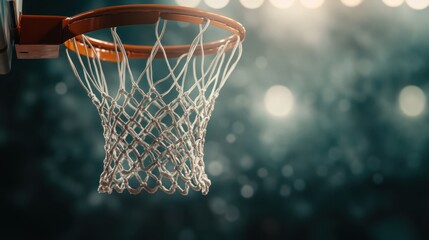 A close-up view of a basketball hoop showcasing the net and rim, surrounded by a soft focus background filled with warm bokeh lights creating an exciting ambiance.