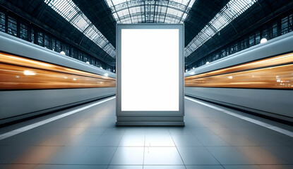 A modern train station with a blank advertising panel and fast-moving trains, creating a dynamic urban atmosphere.