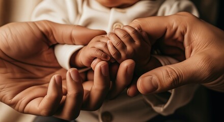 A mother's gentle hands cradle her newborn's tiny fingers - a fragile first bond symbolizing unconditional love and tender beginnings.