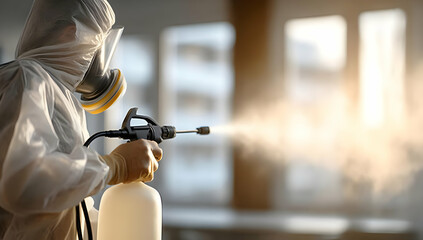 A professional in protective gear sanitizes a room using a spray, ensuring safety and cleanliness in the environment.
