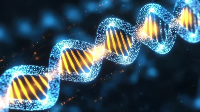 Illuminated dna chain model with blue glowing particles and orange sparks on a dark background view