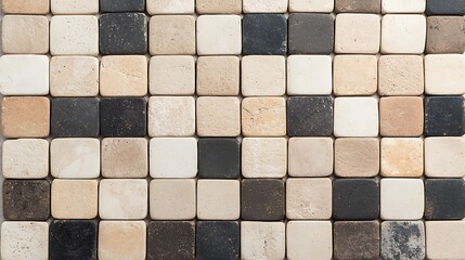 A close-up image of a mosaic tile pattern featuring small square tiles in varying shades of beige, cream, and black arranged in a grid.