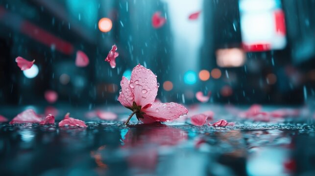 A delicate cherry blossom petal rests on a wet street, embodying beauty and fragility amidst the urban landscape, enhanced by the serene atmosphere of a rainy day.