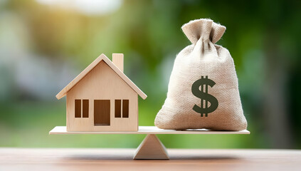 A wooden house model balanced against a money bag, representing financial decisions in real estate investment.