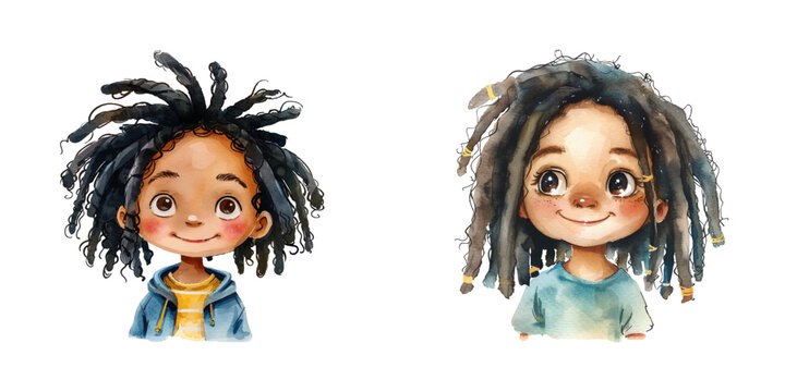 black boy dreadlocks watercolor vector illustration