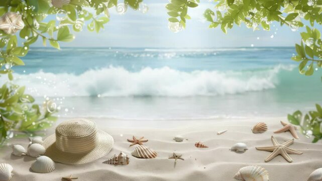 Enjoy a peaceful coastal setting featuring soft sand, shells, and a sunhat nestled among lush foliage near gentle waves