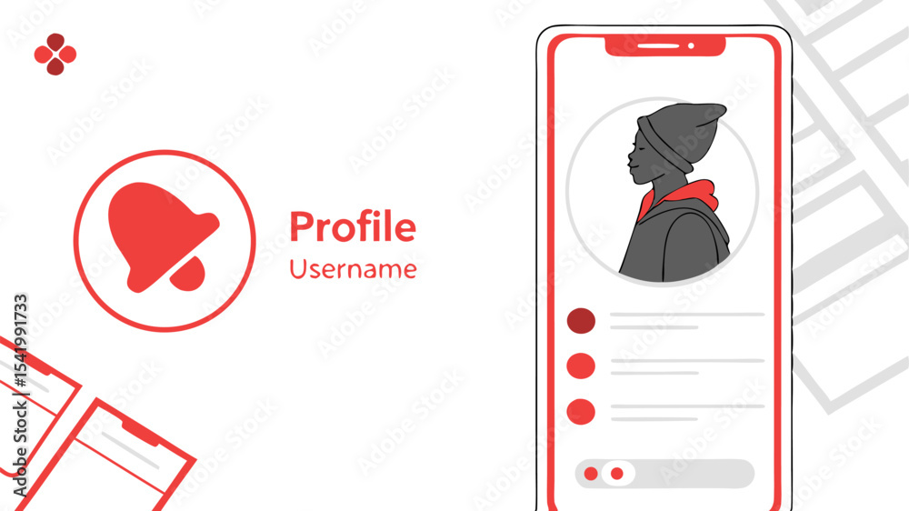Wall mural illustration of profile screen with notification bell and user icon in a mobile interface design lay