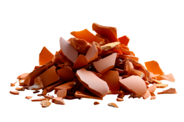 Pile of broken clay pieces on transparent background