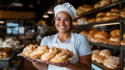 A joyful baker holds a plate of freshly baked pastries, radiating warmth and passion for baking, showcasing the love of food and craftsmanship in the bakery.