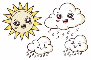 Obraz premium Cute kawaii sun and rain clouds with happy faces and soft pastel shading